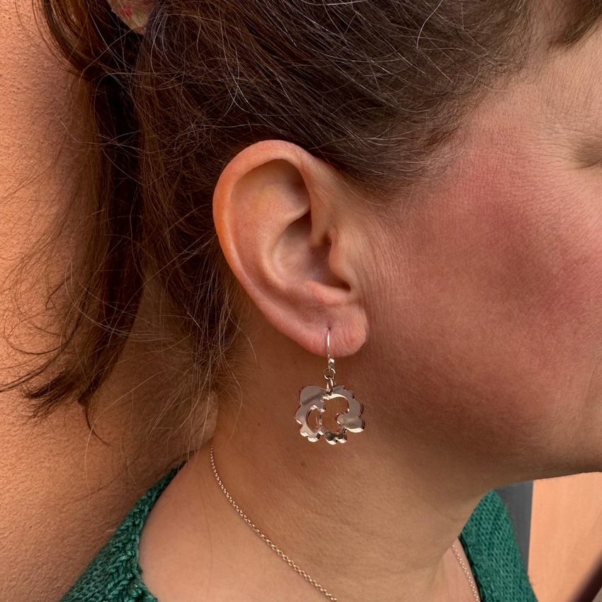 Pinjo design Pionipuutarha mini koukkukorvakorut Pirjon korvissa.